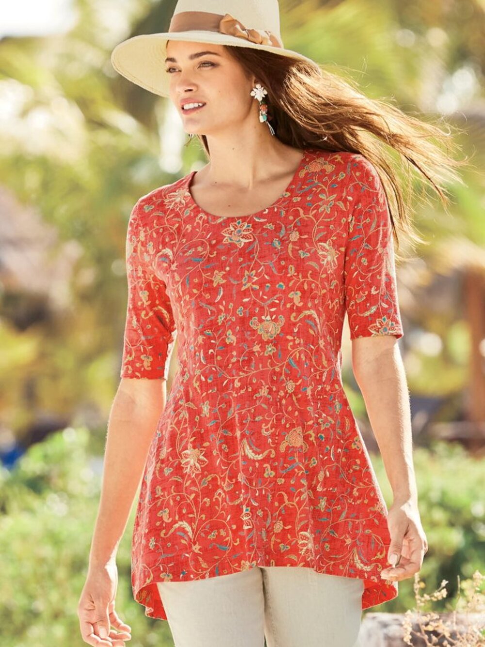 Peruvian Connection Women's Tunic Top, XL, Botanical Print, Artemis Design